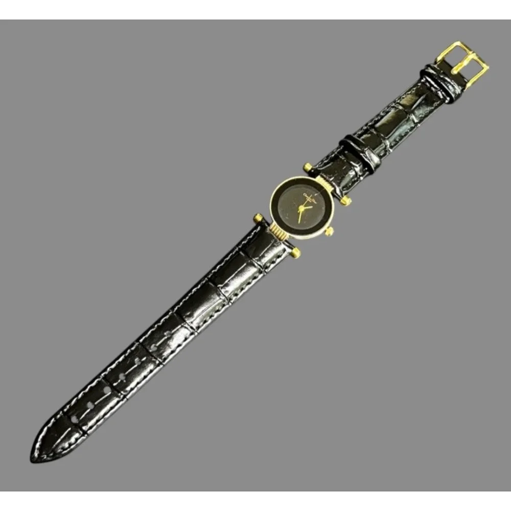 Vintage CHRISTIAN DIOR PARIS Black Moon Wrist Watch Leather Band Runs Well Gold